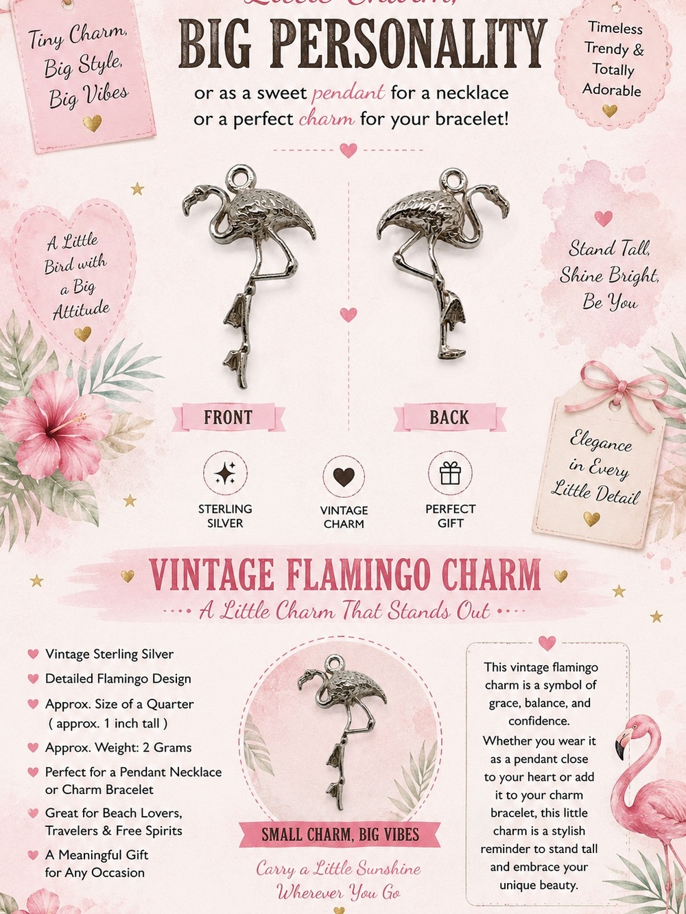 Vintage Flamingo Sterling Silver Charm